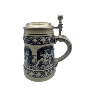 Vintage German Stein Blue/Gray Relief Scene Ornate Pewter Lid Handle Original